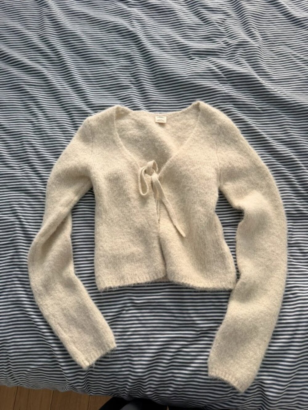 Beige Fuzzy Knit Tie Front Cardigan Sweater Size M